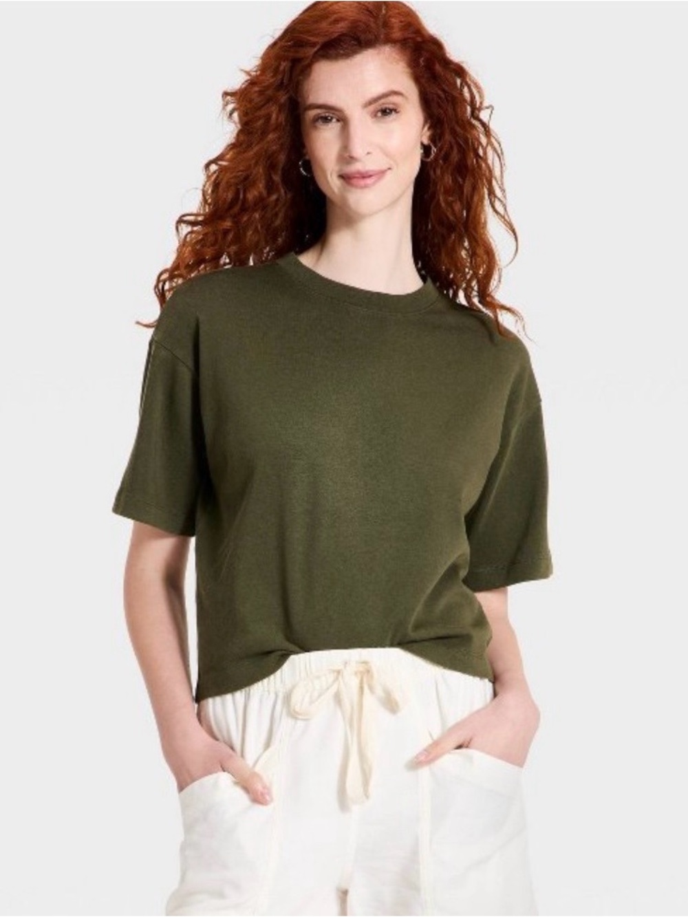 Relaxed Crewneck Short Sleeve Tops (2) in Olive Green and Beige